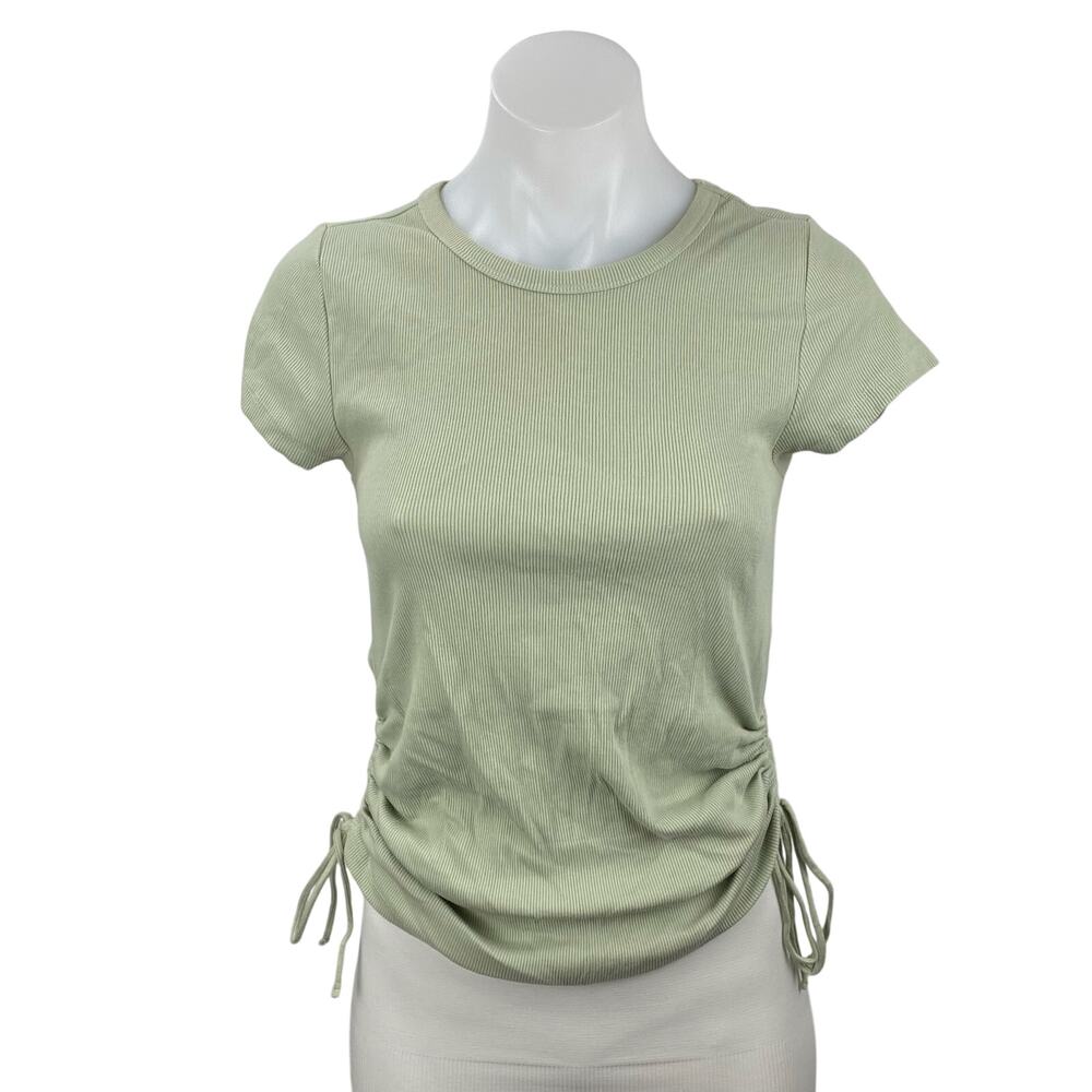 Anthropologie Maeve Green Ribbed Knit Ruched Short Sleeve T Shirt Tee Top Size S